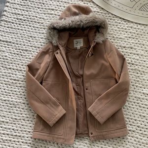 Brown tan pea coat faux fur small